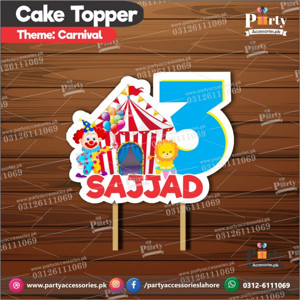 Customized card cake topper for birthday in Carnival Circus theme