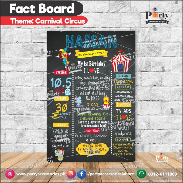 Customized Carnival Circus theme first birthday Fact board / Milestone Board