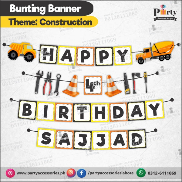 Customized Construction theme Birthday Bunting Banner for Birthday