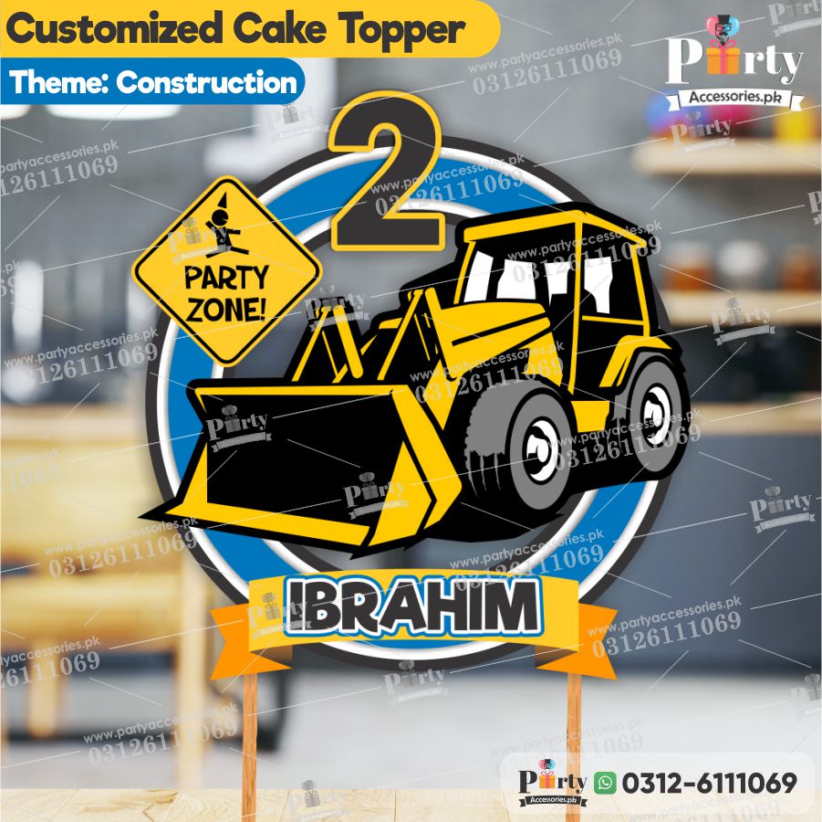 Construction birthday theme cake topper customized on card