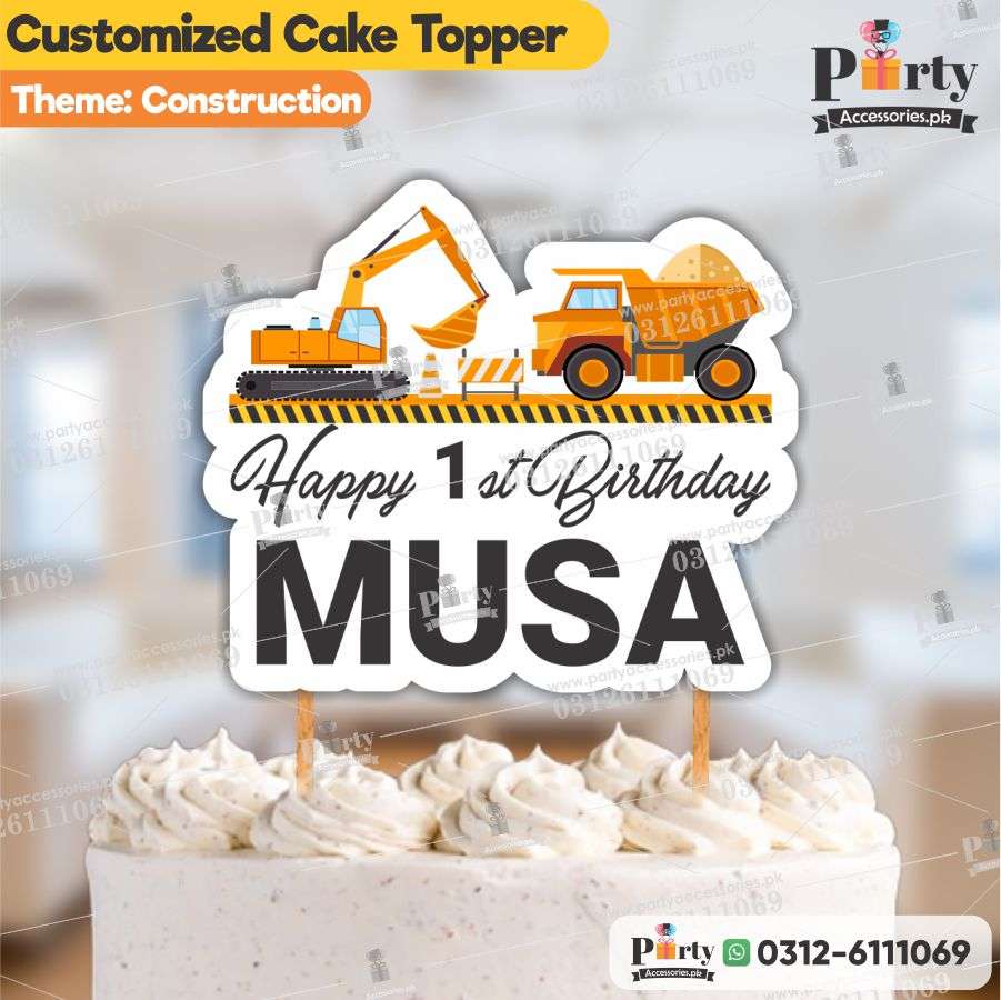 Construction birthday theme cake topper customized on card