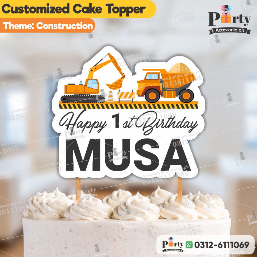 Construction birthday theme cake topper customized on card
