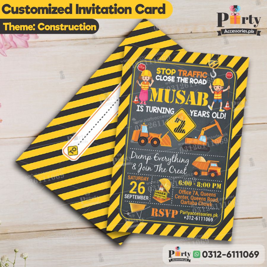 Customized Construction Birthday Party Theme Invitation Cards 