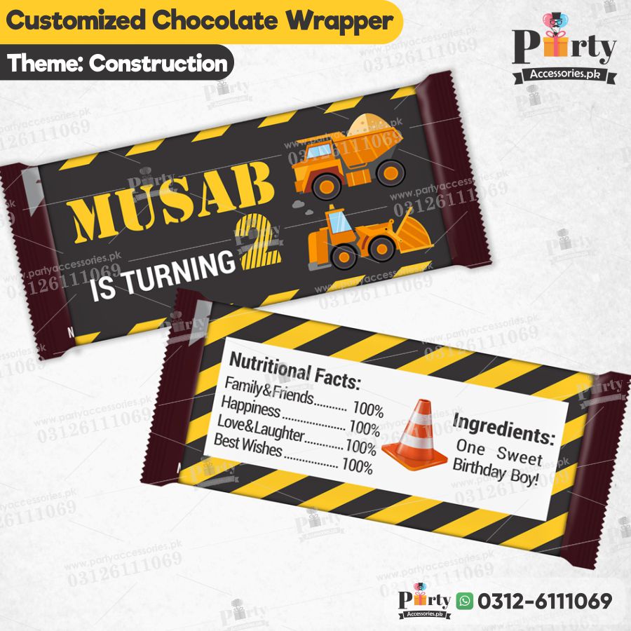 Customized chocolate wraps in Construction birthday theme