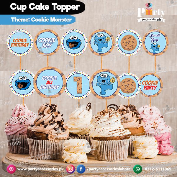 Cookie Monster theme birthday cupcake toppers set round