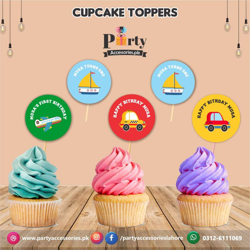 Transport theme birthday party cupcake toppers set round