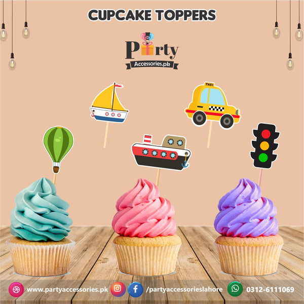 Transport theme birthday party cupcake toppers set