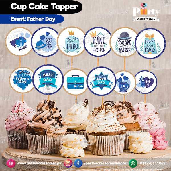 Fathers day decorations | Happy Father's day cupcake toppers set in elegant blue theme