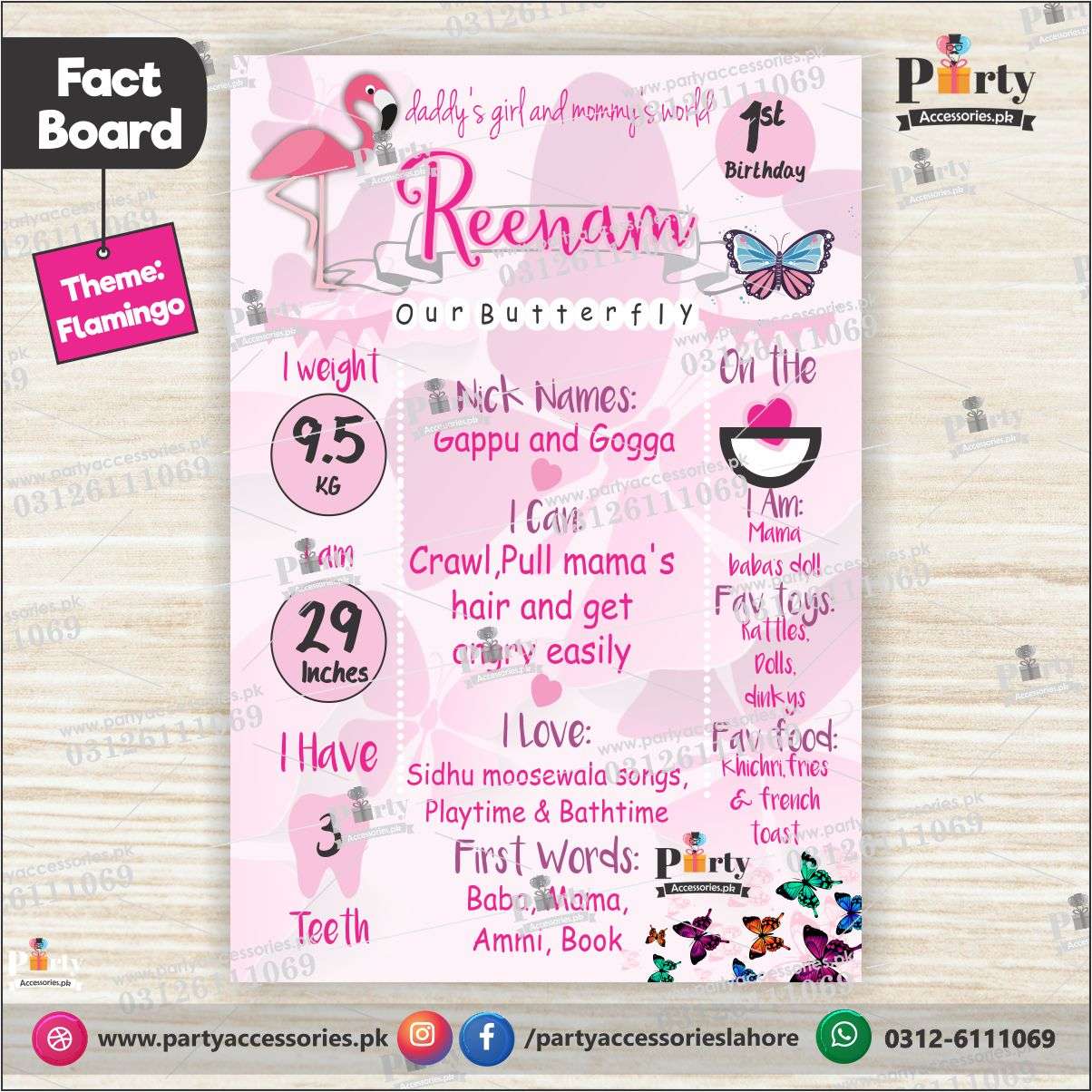 Customized Flamingo theme first birthday Fact board / Milestone Board