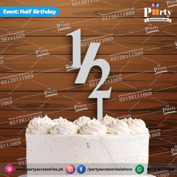 Half birthday wooden silver color cake topper