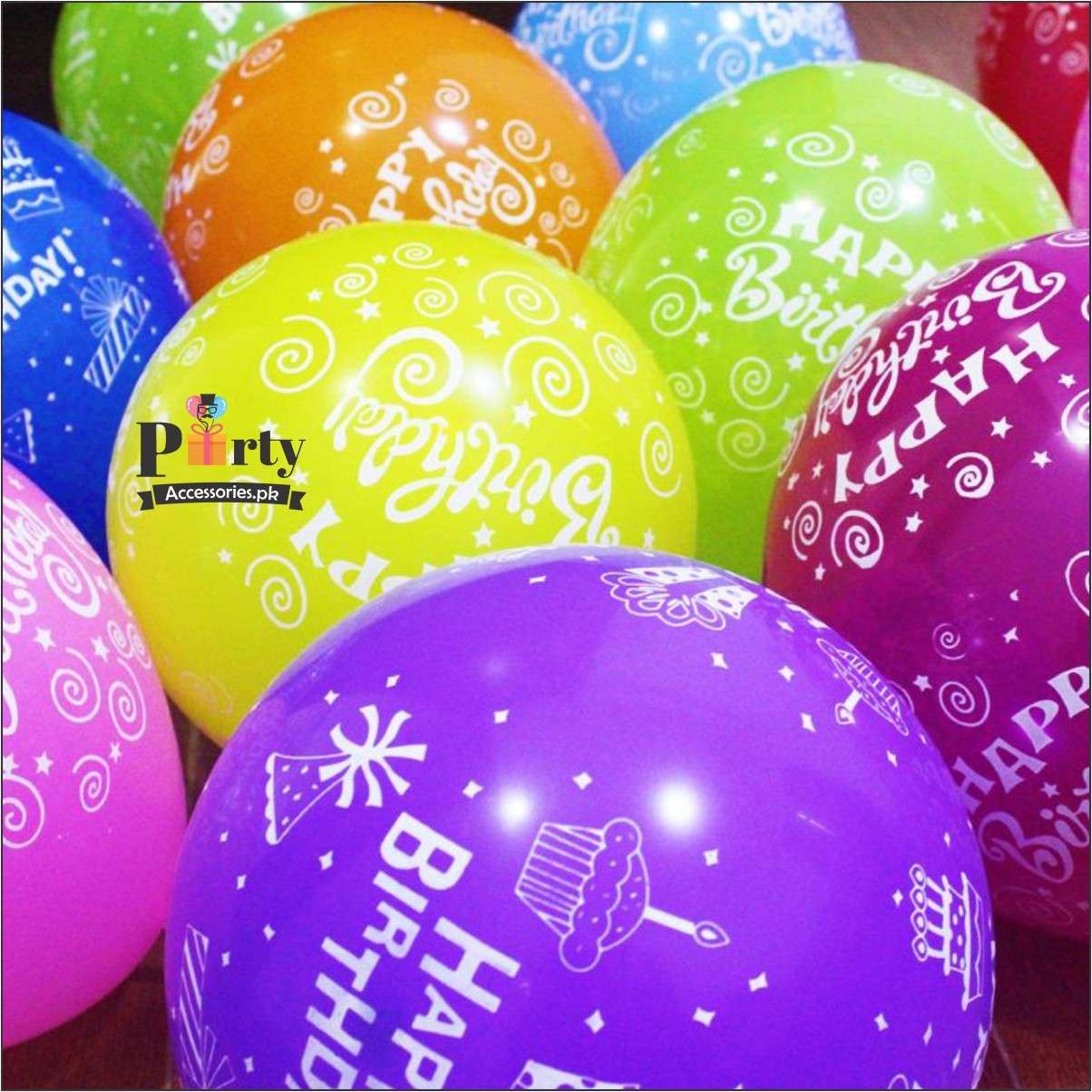 Happy Birthday Printed latex Balloons in bright multi colors all over ...
