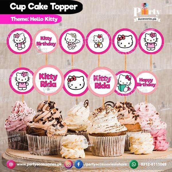 Hello Kitty theme birthday cupcake toppers set round