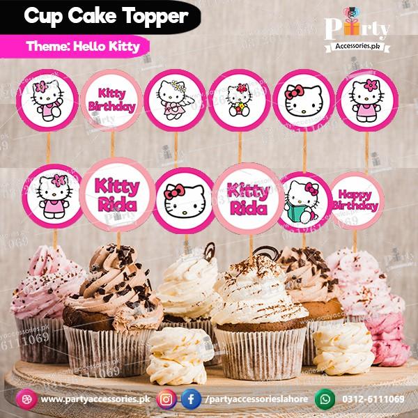Hello Kitty theme birthday cupcake toppers set round