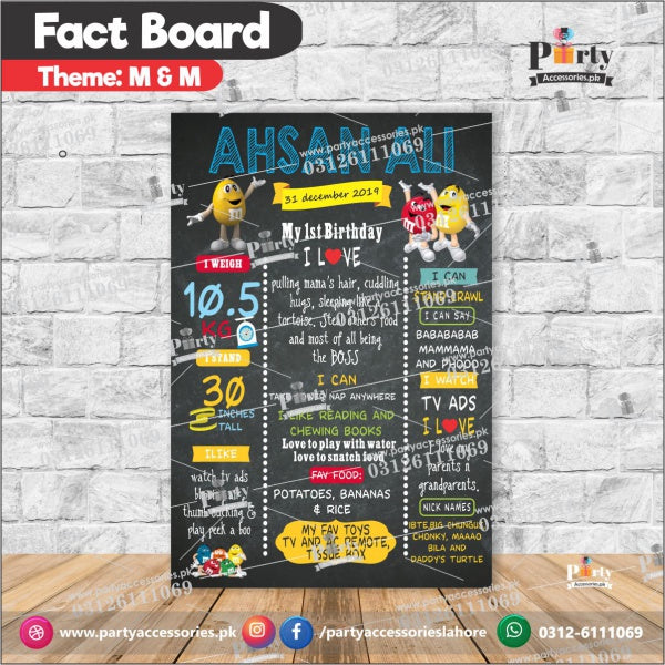 Customized M&M theme first birthday Fact board / Milestone Board