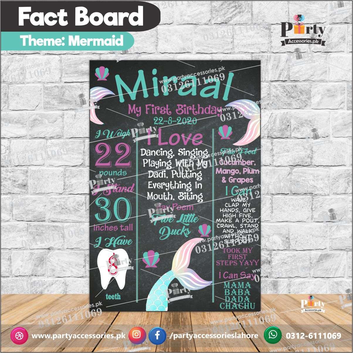 Customized Mermaid theme birthday Fact board / Milestone Board