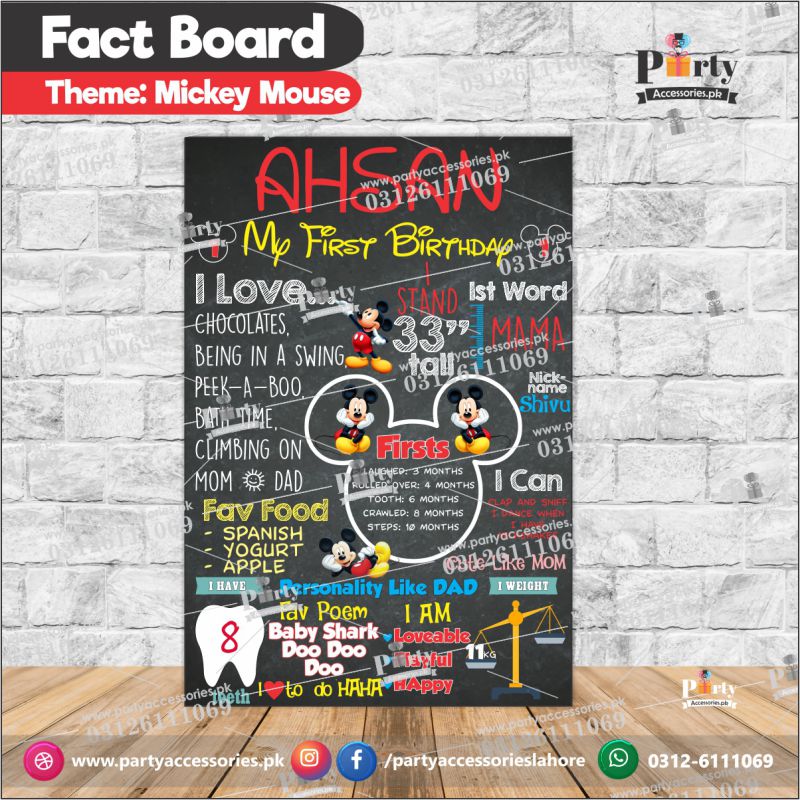 Customized Mickey Mouse theme first birthday Fact board / Milestone Board