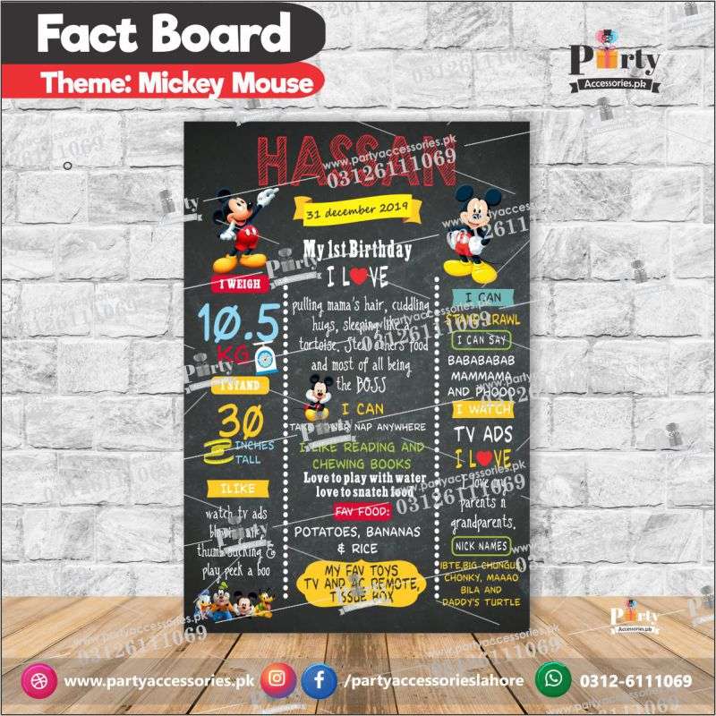 Customized Mickey Mouse theme first birthday Fact board / Milestone Board