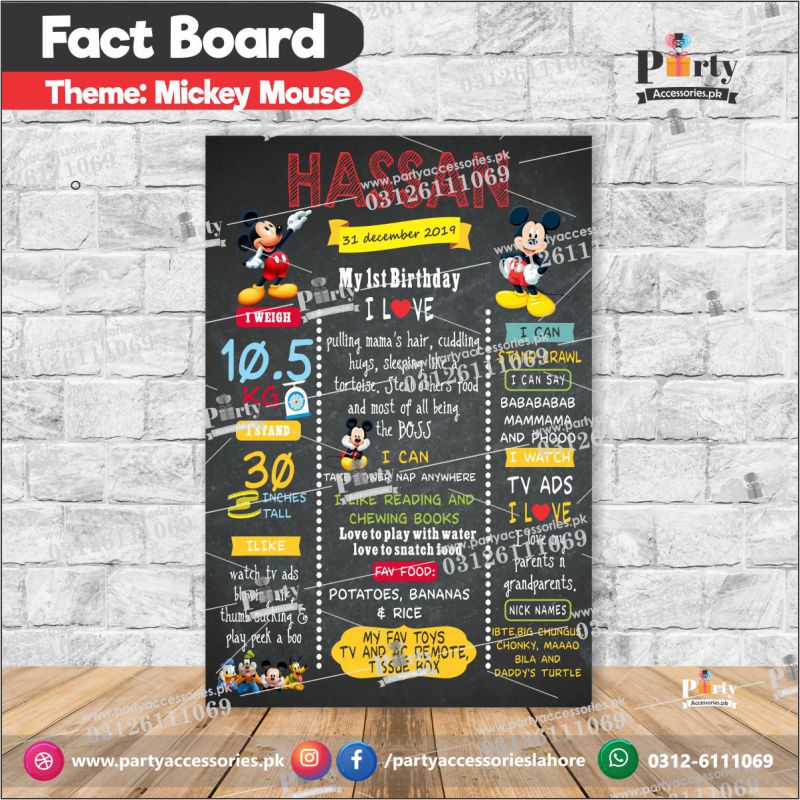 Customized Mickey Mouse theme first birthday Fact board / Milestone Board