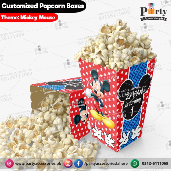 Customized Popcorn boxes for Mickey Mouse themed birthday party