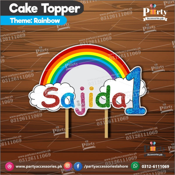 Customized card cake topper for birthday in Rainbow theme