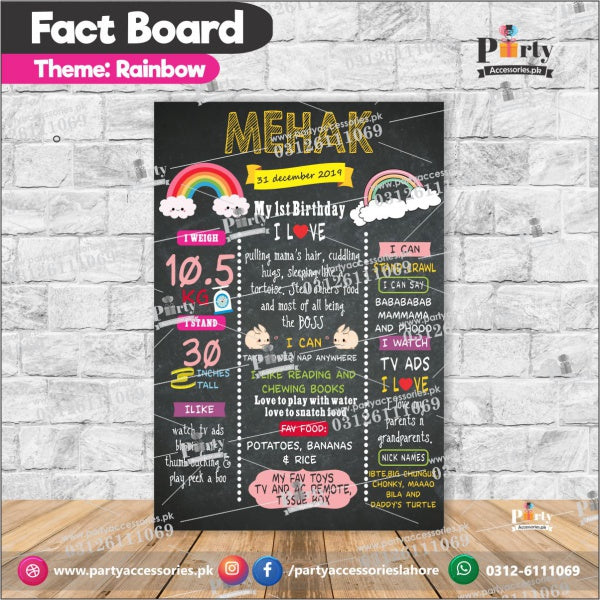 Customized Rainbow theme first birthday Fact board / Milestone Board