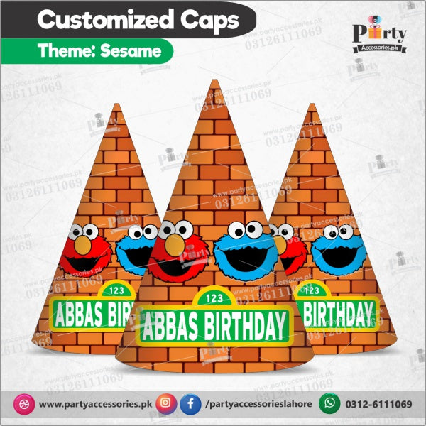Customized caps in Sesame Street theme birthday party