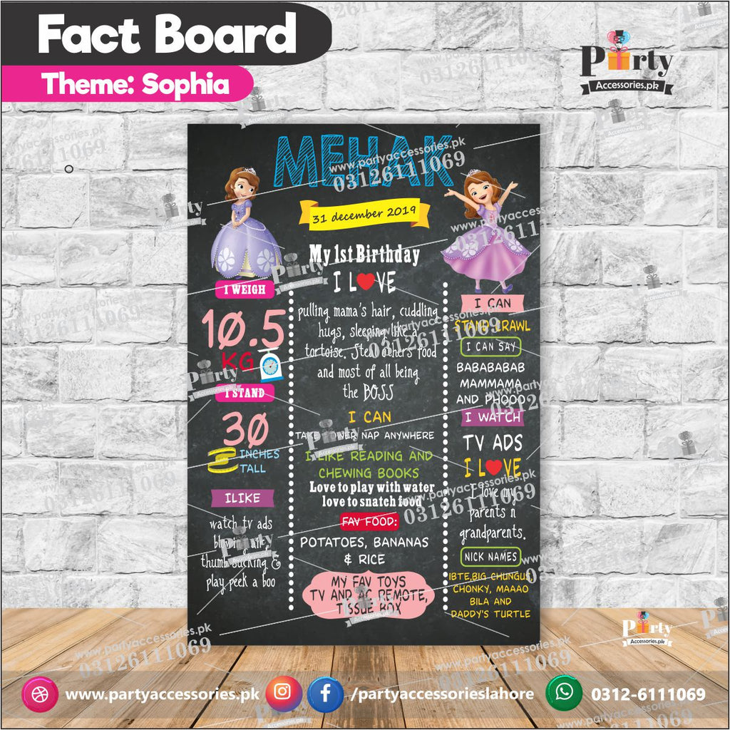 Customized Princess sofia theme first birthday Fact board / Milestone Board