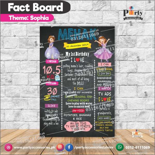 Customized Princess Sofia theme first birthday Fact board / Milestone Board