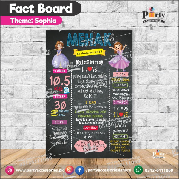 Customized Princess Sofia theme first birthday Fact board / Milestone Board
