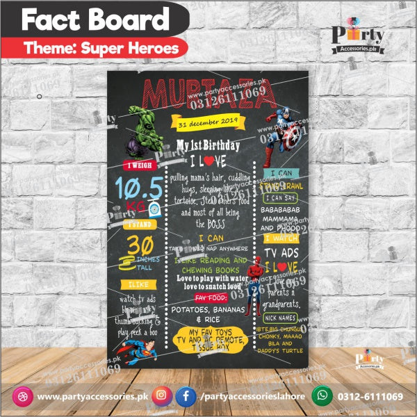 Customized first birthday Fact board / Milestone Board in Super heroes avengers theme