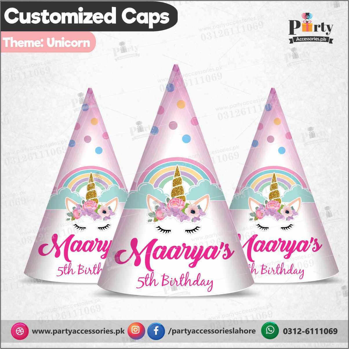 Customized Cone shape caps for Unicorn theme birthday party