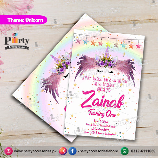 Customized Unicorn theme birthday Party Invitation Cards