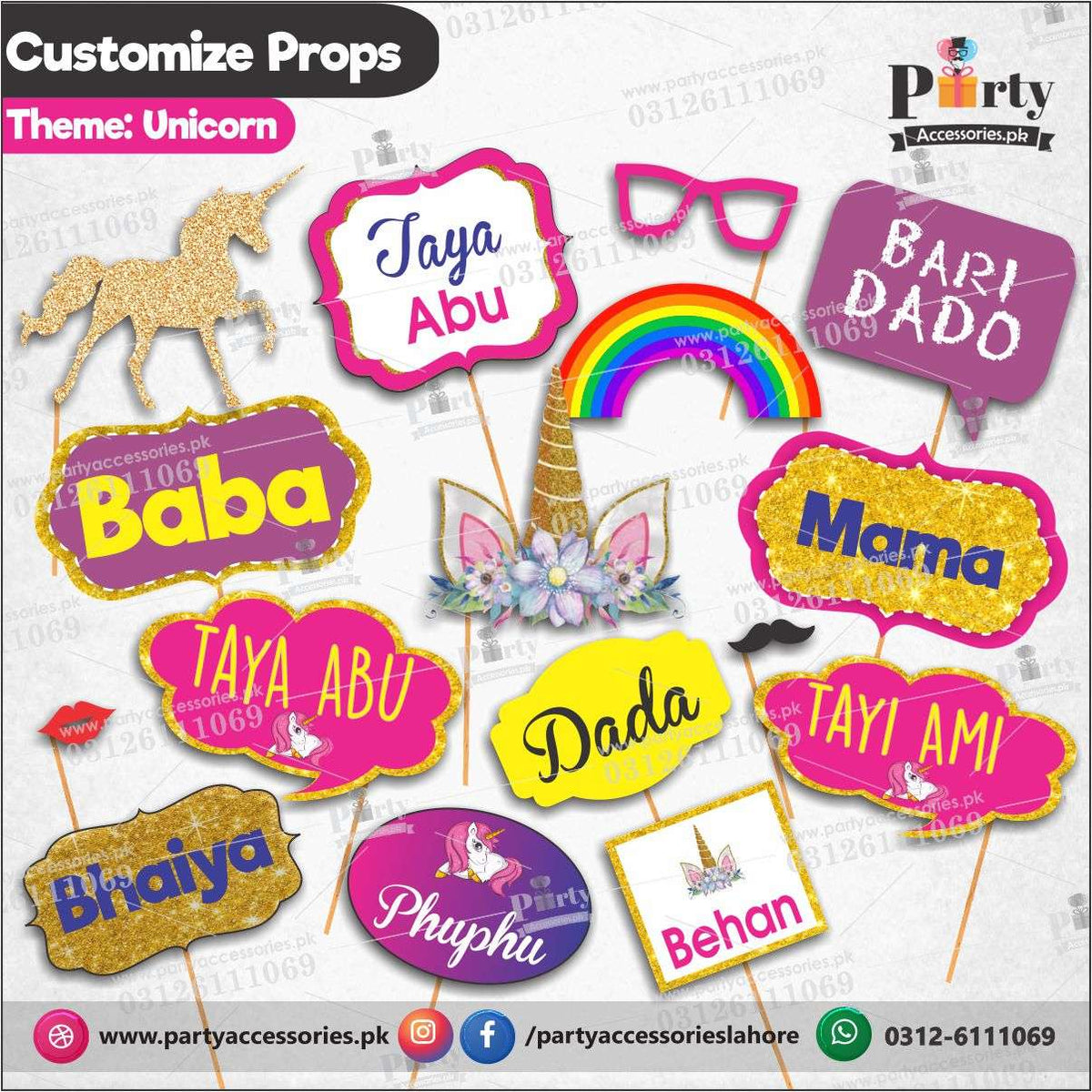 props set for Unicorn theme birthday party