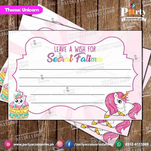 Customized wish cards in Unicorn theme birthday