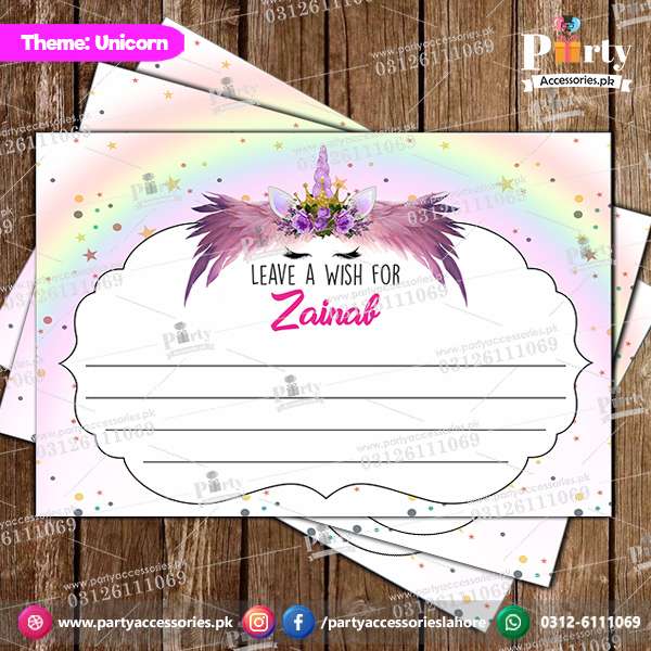 Customized wish cards in Unicorn theme birthday